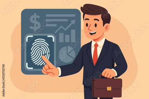 Businessman using a fingerprint scanner for biometric security access to financial data. Concept of technology, authentication, business analytics, and secure digital finance.