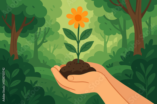 Hands holding a growing flower plant in soil. Nurturing nature concept for environment, conservation, and sustainability. Forest background for ecology, new life, and Earth Day vector.