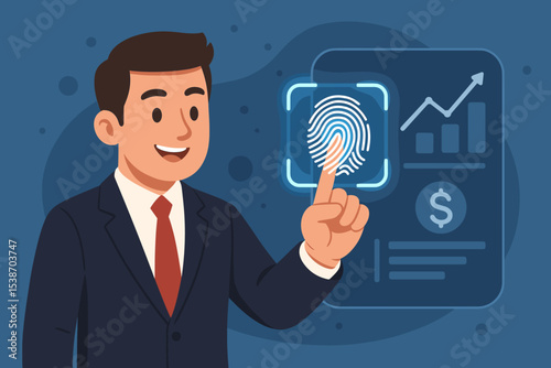 Businessman using fingerprint for biometric authentication. Secure access to financial data and online banking. Fintech, cybersecurity, and digital identity verification concept.