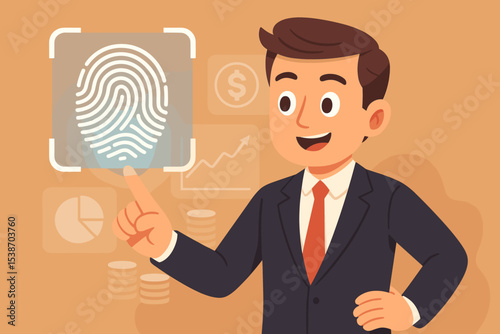 Biometric security and fintech concept. Businessman scanning fingerprint for digital identity authentication. Secure access to financial data, online banking, and cybersecurity protection.