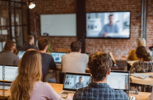 A room of people sit at tables with laptops watching a presentation on a large screen at the front of the room
