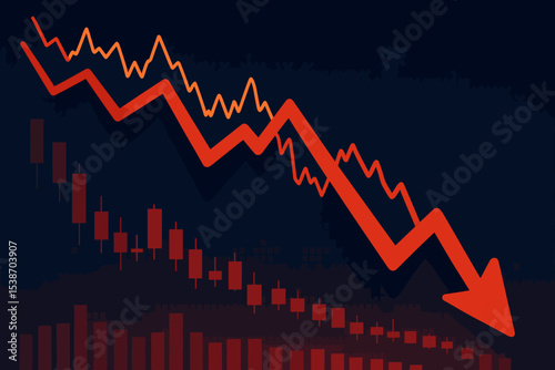 Stock market crash concept. Financial crisis with red arrow graph going down. Bear market and economic recession background. Investment risk and business failure illustration.