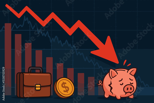 Economic recession and stock market crash concept. Finance graph with falling red arrow showing loss. Bear market, investment crisis, bankruptcy risk and savings loss concept.