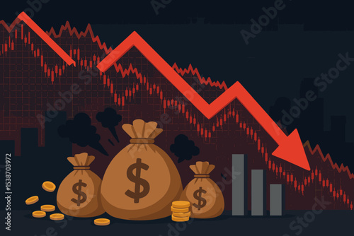 Stock market crash and financial crisis. Red arrow pointing down over a candlestick chart. Concept of economic recession, depression, bear market, investment loss and risk.