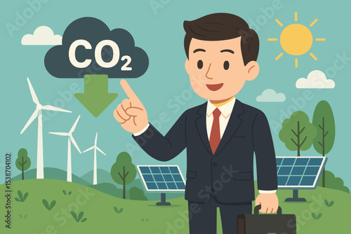 Concept for reducing CO2 emissions. Businessman promoting green energy, corporate sustainability, and ESG. Climate action with renewable energy from wind turbines and solar panels.
