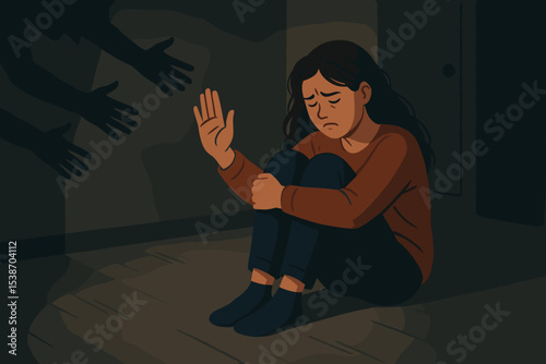 Frightened woman showing stop gesture to shadow hands. Concept of domestic violence, harassment, abuse, and fear. Victim suffering from depression, anxiety, trauma, and ptsd.