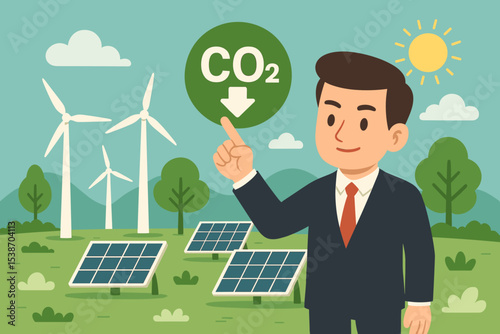 CO2 reduction concept with renewable energy. Businessman pointing at carbon emissions icon. Green business, sustainability, ESG, climate action with solar panels and wind turbines.