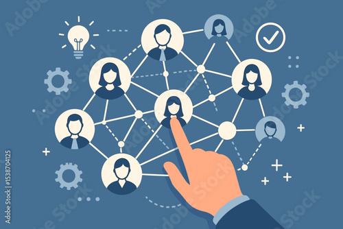 Human resources management concept illustration. Hand selecting a candidate from a professional team network. Recruitment, talent acquisition, leadership, and business community.