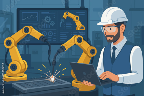 Industrial engineer uses laptop to program robotic arms for welding on a production line. Smart factory automation and manufacturing technology. Concept of Industry 4.0 process.