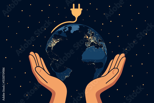 Global energy concept with hands holding planet Earth and an electric plug. World power consumption, electricity conservation, and sustainable responsibility for our environment vector.