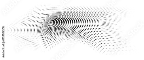 Flowing Wave Dot Halftone Pattern: Curve Gradient Shape on Transparent Background. Suitable for AI, Tech, Network, Digital, Science, and Technology Themes.
