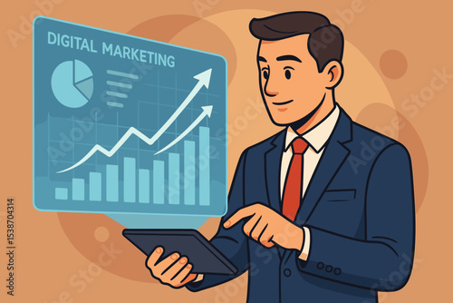 Businessman analyzing digital marketing strategy on a tablet. Vector illustration of a manager with a virtual screen showing growth charts, data analytics, and financial statistics.