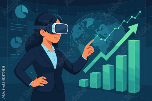 Businesswoman in VR headset analyzing financial data and business strategy on a holographic interface. Concept of metaverse, global market analysis, investment growth, and future technology.