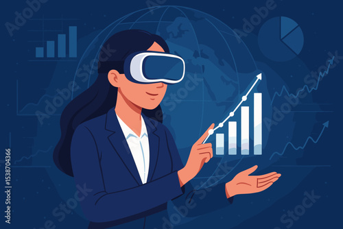 Businesswoman in VR headset analyzes financial data on holographic interface. Metaverse concept for business strategy, global investment, stock market growth, and data visualization.