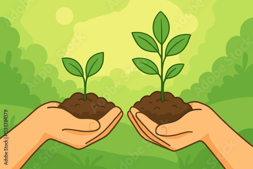 Hands nurturing plant growth from small sprout to larger seedling. Metaphor for development, business progress, investment, and personal growth. Environmental care & sustainability concept.