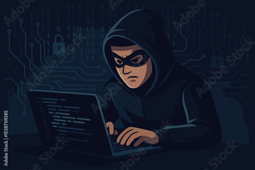 Hacker in hoodie at laptop computer. Cybercrime concept illustration. Internet security threat, data theft, and phishing. Anonymous criminal with binary code and padlock.