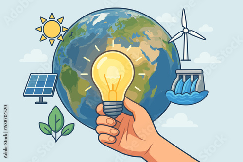 Renewable energy sources concept for environmental conservation. Hand holding a lightbulb in front of planet Earth. Icons for solar, wind, and hydroelectric power. Sustainability.