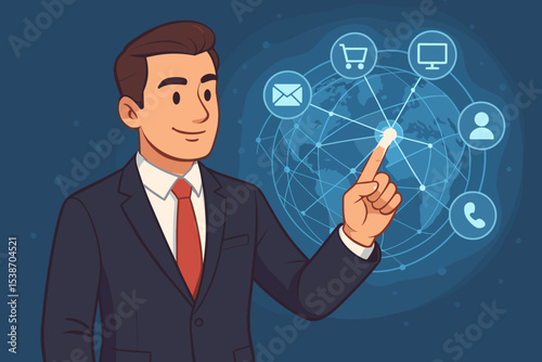Businessman using a futuristic holographic interface. Global network connection concept for business communication, e-commerce, and online marketing. Internet technology vector.