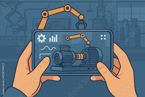 Augmented reality industrial maintenance concept. Engineer holding phone with app for machinery analysis. Smart factory, Industry 4.0, IoT diagnostics and robotic arm automation.
