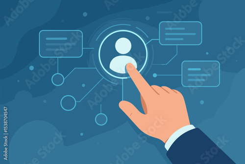 Businessman hand touching user icon on a futuristic digital interface. Concept of CRM, user management, UI, UX design, data access, personalization, and technology innovation.