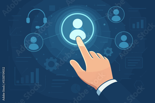 Businessman hand selecting user icon on a digital screen. Customer Relationship Management (CRM) and Human Resources (HR) concept. Business technology interface with analytics and support icons.