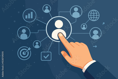 CRM customer relationship management and HR human resources concept. Businessman hand touches user icon on digital interface for audience targeting, data analytics, and global network.
