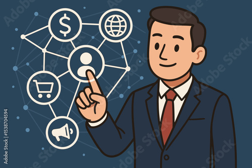 Businessman managing Customer Relationship Management (CRM) platform. Man pointing at a user icon on a digital interface with a network of marketing, finance, e-commerce, global icons.
