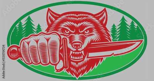 A fierce, minimalist vector logo of a warrior wolf gripping a knife in one claw.