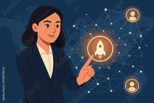 Entrepreneur businesswoman launching a new project. Female leader pointing at a rocket icon. Startup success, global network, technology innovation, and business growth strategy.