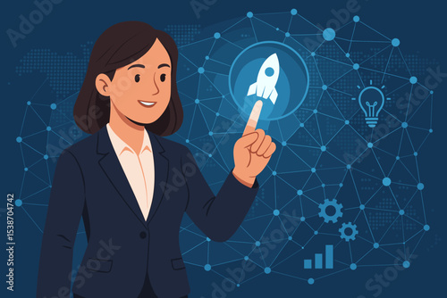 Businesswoman launching a startup project, touching a rocket icon on a futuristic digital interface. Concept of business growth, innovation strategy, global network and success.