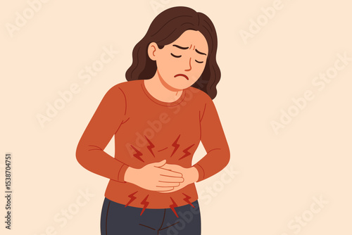 Woman with severe stomach pain, menstrual cramps, or period pain. Unwell girl holding her abdomen due to indigestion, gastritis, or PMS. Sickness and health problems vector.