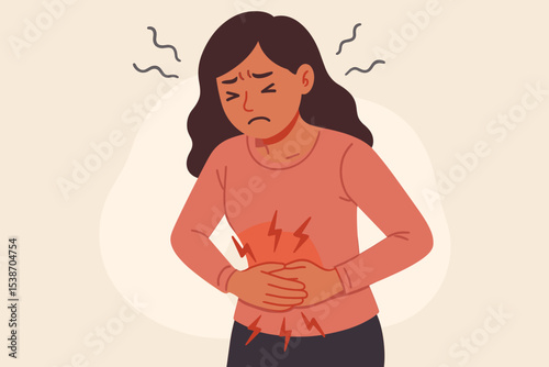Woman suffering from stomach ache, holding her painful belly. Vector illustration concept for period pain, menstrual cramps, PMS, gastritis, indigestion, diarrhea, food poisoning.