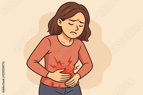 Vector illustration of a woman with stomach pain. Character suffering from abdominal cramps, period pain, PMS, or gastritis. Concept of health issues, indigestion, sickness.