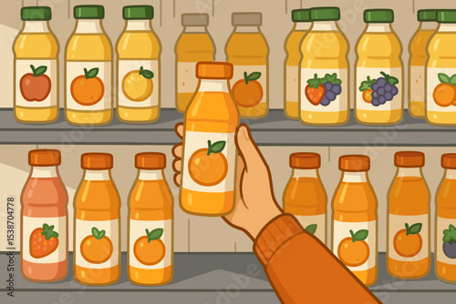 Hand picking a bottle of orange juice in a grocery store. Supermarket aisle with shelves full of fruit drinks. Concept of consumer choice, healthy lifestyle, and shopping. Cartoon vector.