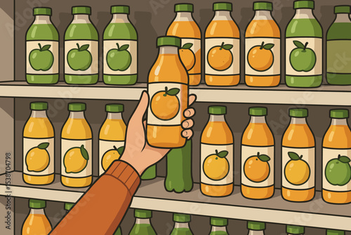 Hand choosing orange juice bottle from supermarket shelf. Grocery shopping concept with a variety of fruit juices like apple and lemon. Healthy lifestyle and consumer choice vector.