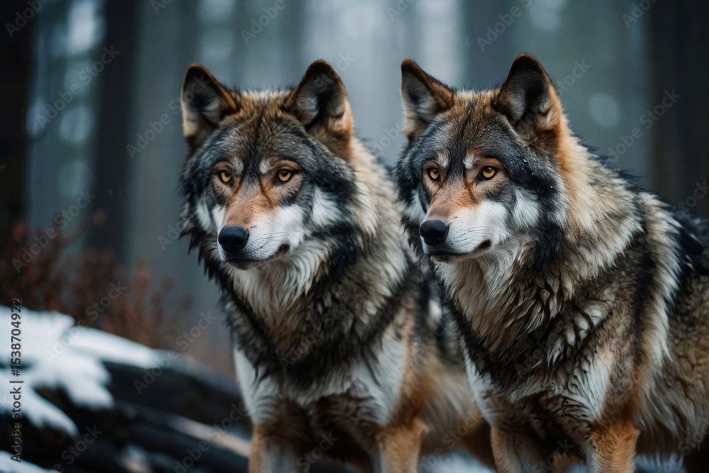 Fototapeta premium Two Wolves Standing Alert in a Snowy Winter Forest Environment
