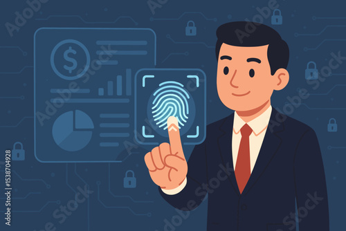 Businessman using fingerprint scanner for secure access. Biometric authentication technology for data protection and cyber security. Man logging into financial system with thumbprint ID.