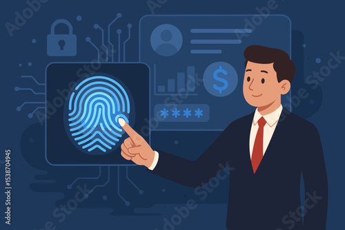 Biometric authentication concept with businessman using fingerprint scan for secure access to financial data. Cybersecurity, identity verification, and fintech digital technology vector.