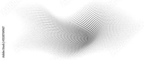 Flowing Wave Dot Halftone Pattern: Curve Gradient Shape on Transparent Background. Suitable for AI, Tech, Network, Digital, Science, and Technology Themes.