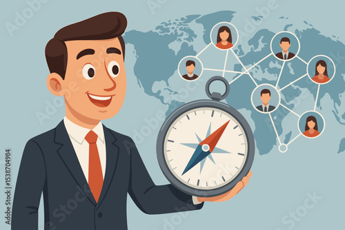 Global marketing strategy concept. Businessman with a compass for guiding business direction. International network, customer connection, and communication path on a world map.