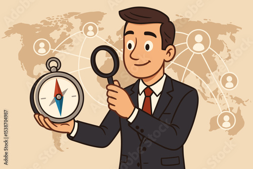 Global marketing concept. Businessman with compass for direction and magnifying glass for research. International business strategy, customer analysis, navigating a worldwide network.