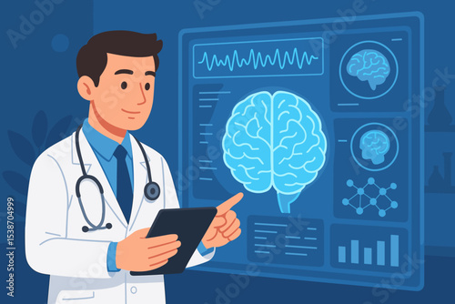 Doctor neurologist analyzing brain scan on futuristic digital screen. Healthcare technology and neuroscience research concept. Scientist monitoring EEG and medical data on a hologram.