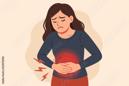 Woman suffering from stomach ache, holding her abdomen due to period pain. Concept of gastritis, cramps, bloating, indigestion, or food poisoning. Unhappy girl with health problem.