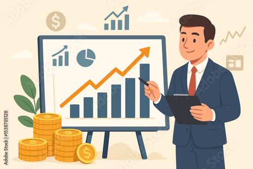 Business growth and financial analysis concept. Businessman giving a presentation with a rising arrow graph on a whiteboard. Investment strategy for profit, success, and market data.