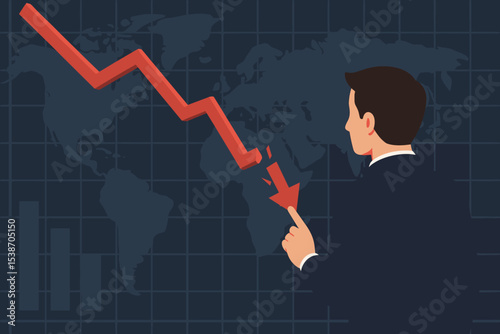 Financial crisis and economic recession concept. Businessman analyzing a breaking red downward arrow on a world map graph. Global stock market crash, investment loss, and business failure.
