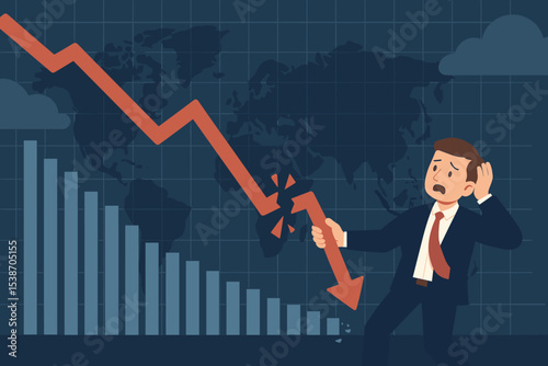 Financial crisis concept with stressed businessman holding a broken downward arrow. Global economic recession, stock market crash metaphor. Falling graph, investment failure illustration.