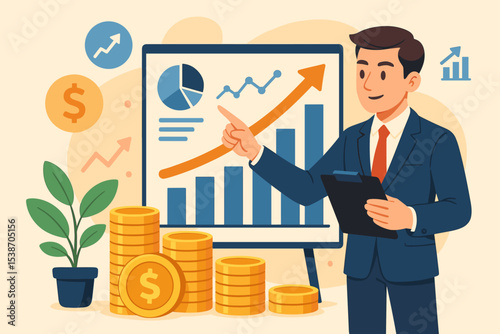 Financial analyst presents business growth and successful investment strategy. Man with clipboard points to rising chart and data report. Concept of profit, revenue, and market analysis.