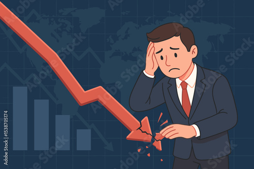Financial crisis illustration with a stressed businessman. Concept of economic recession, stock market crash, and investment failure. A broken downward arrow represents bankruptcy and loss.