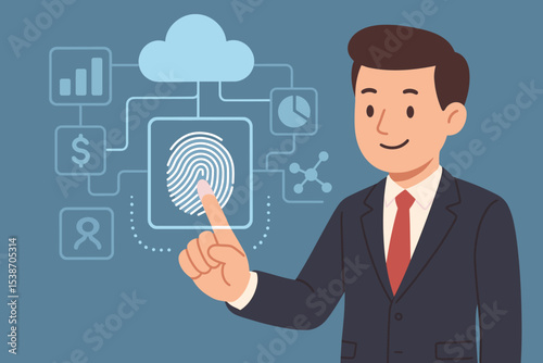 Biometric authentication concept. Businessman touching fingerprint scanner on digital screen for security access. Cyber security, data protection, cloud network, and identity verification.
