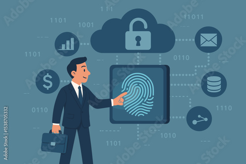 Businessman using fingerprint scan for biometric authentication. Cybersecurity concept for cloud network security, data protection, digital identity verification, and financial access.